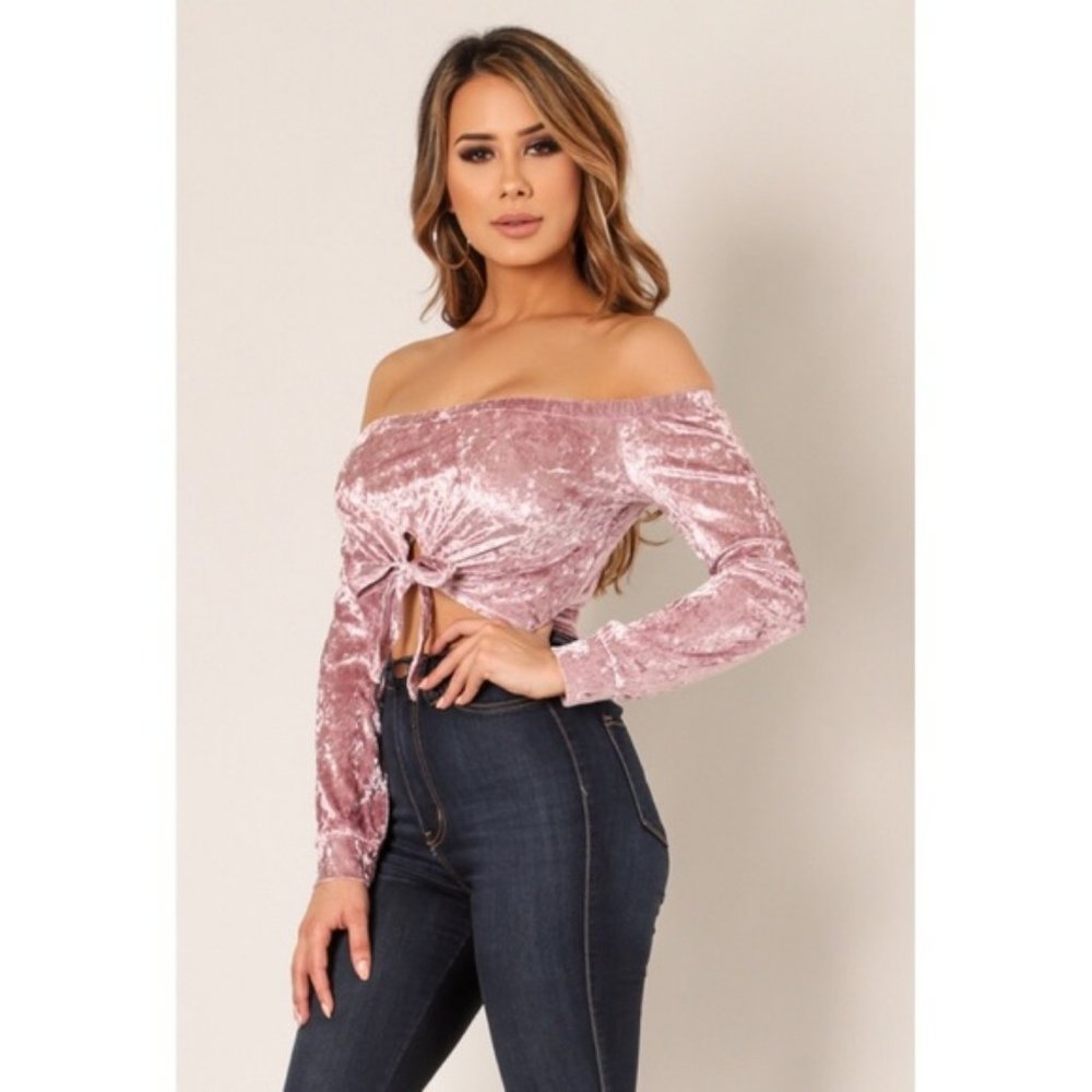 Pink Crushed Velvet Tie Front Crop Top NEW - Picture 3 of 7